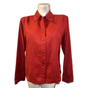 CHICO'S Design Top Size L (2) Red Gray Sueded Fabric Button Front LS Shirt VTG